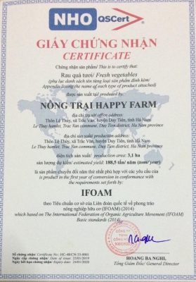 Chứng nhận hữu cơ do tổ chức NHO-QSCERT cấp cho Nông trại HappyFarm – Duy Tiên, Hà Nam (vườn Hữu cơ Phóng)